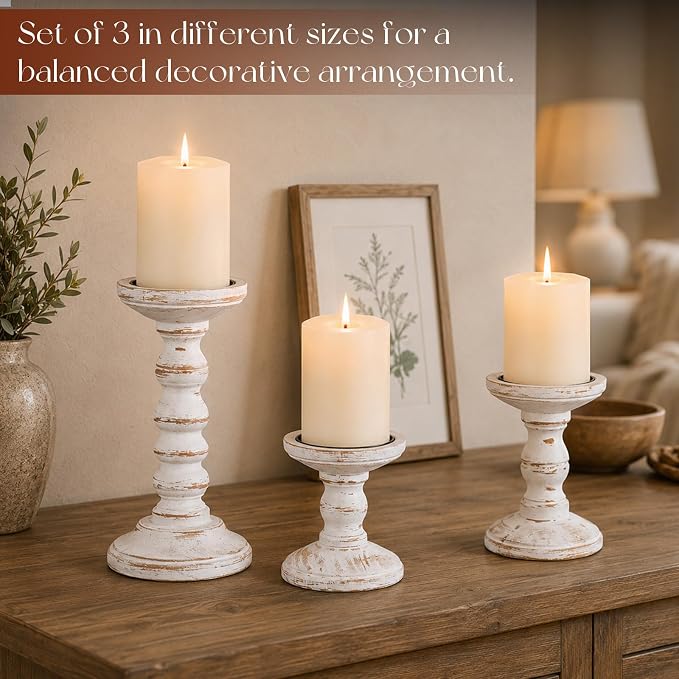 Candeldo Wood Candle Holder for Pillar, White Farmhouse Fireplace Decor | Set of 3, Table Centerpiece, Tall Shabby Chic Decor, Wooden Rustic Decorations for Mantle