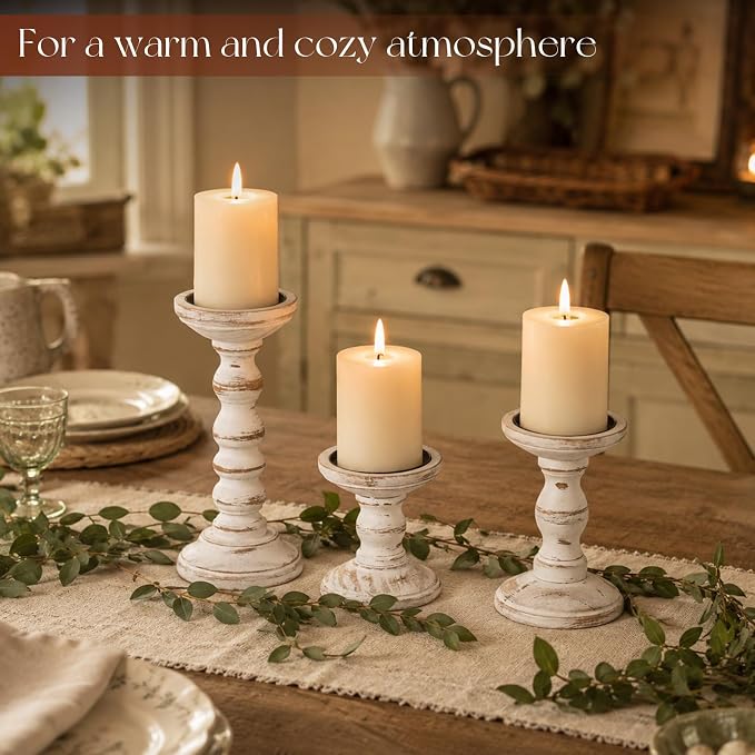 Candeldo Wood Candle Holder for Pillar, White Farmhouse Fireplace Decor | Set of 3, Table Centerpiece, Tall Shabby Chic Decor, Wooden Rustic Decorations for Mantle