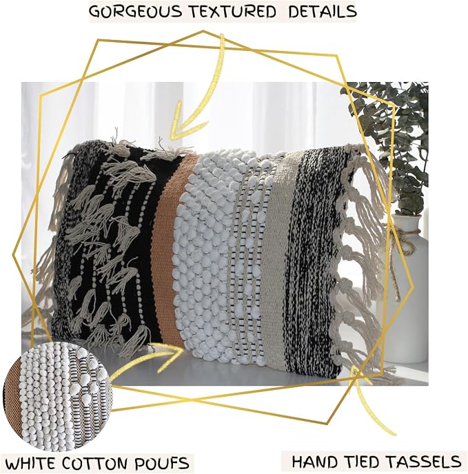 Decorative Boho-Chic Premium Pillow Cover 12x20 Handwoven Tufted Cotton Lumbar Accent Pillows, Neutral Earthly Color Throw Cushion, Farmhouse & Bohemian Home Decor (no Insert)