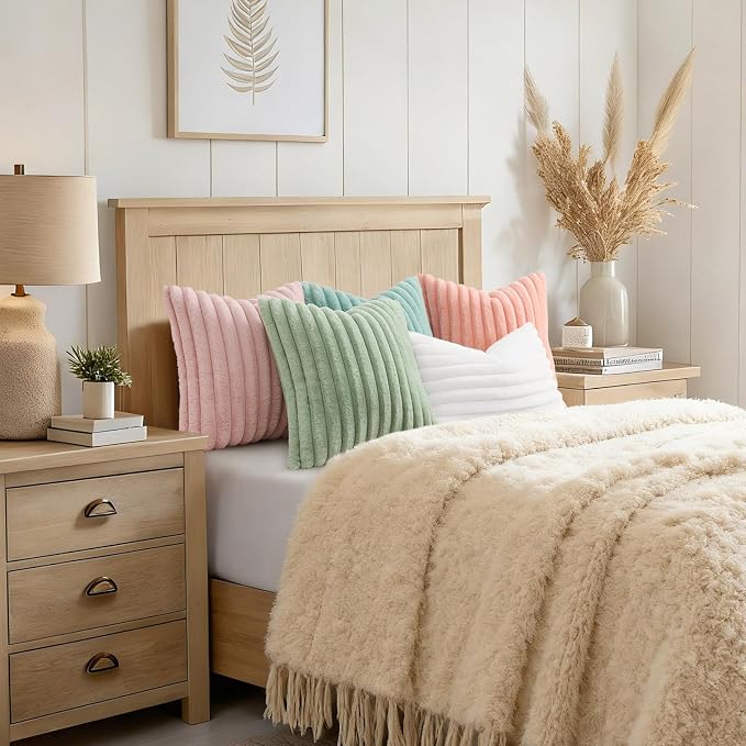 decorUhome Fall Cozy Faux Fur Throw Pillow Covers 24x24 Set of 2 Decorative Plush Striped Modern Farmhouse Boho Couch Euro Sham Pillow Cases with Velvet Back for Sofa Bed Living Room, Sage Green
