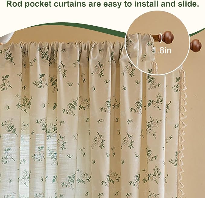 OYX Boho Floral Spring Semi Sheer Curtains 63 Inch Length 2 Panels, Linen Texture Farmhouse Light Filtering Curtains Beige Tassel for Bedroom Living Room Vintage Rustic Patterned Printed Rod Pocket