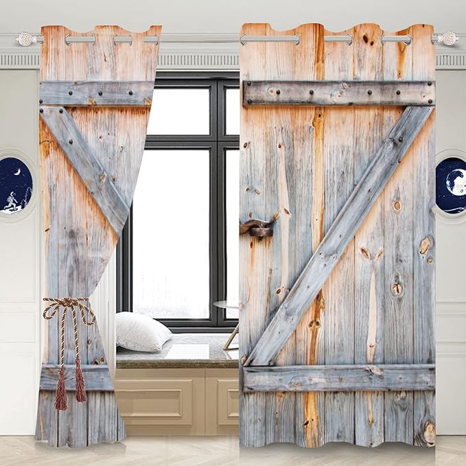 Closed Wooden Door Window Curtains Rustic Vintage Barn Door Kitchen Curtains Countryside Farmhouse Old Wood Planks Light Blocking Bedroom Drapery Treatments with Grommets,42x84 inch,2 Panels