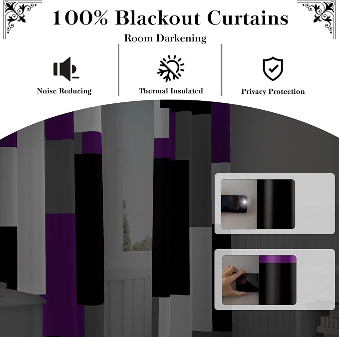 Tyrot Purple 100% Blackout Curtains for Bedroom 63 inch Length 2 Panels Set Black Grey Modern Abstract Geometric Black Out Curtains Insulated Room Darkening Window Drapes for Living Room, 52Wx63L