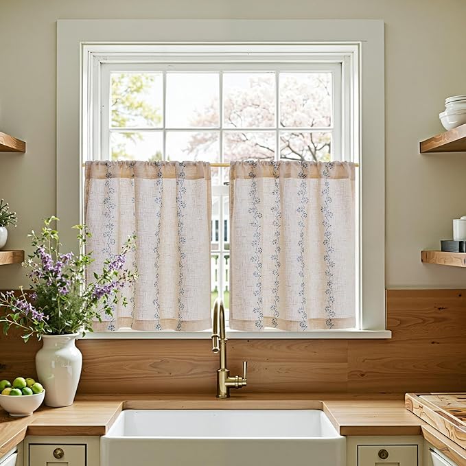 jinchan Katy Linen Floral Kitchen Curtains 24 Inches Length Stripe Cafe Curtains Farmhouse Cottagecore Tier Small Window Drapes for Living Room Light Filtering Rod Pocket 2 Panels Blue on Linen