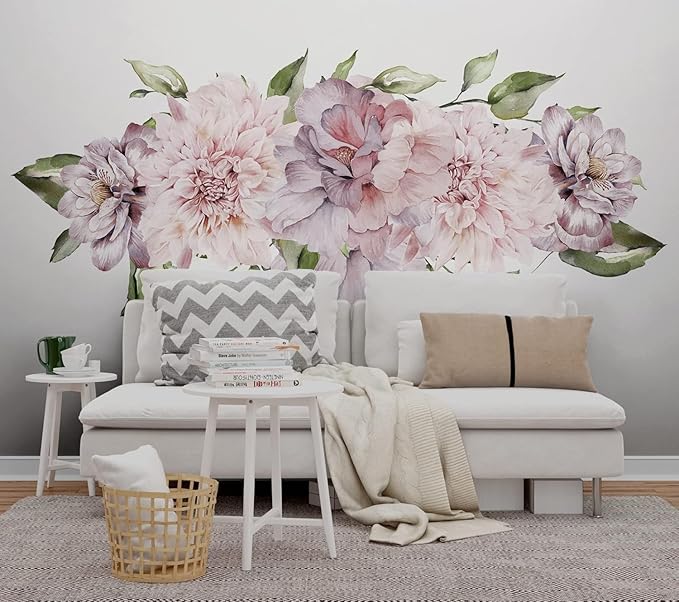 Big Peonies Floral Wall Decal - Watercolor Floral Sticker for Bedroom Decor - Removable Botanical Huge Wall Stickers (Big Leaf Decals)