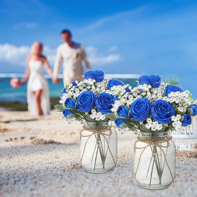 Zeyune 6 Sets Mason Jar Centerpiece Table Decorations, Artificial Peony Baby's Breath Flower Bouquets, Faux Flowers with Vase, Rustic Decor Gifts for Home, Wedding, Holiday (Royal Blue)