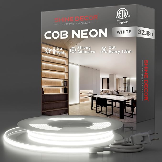 Shine Decor COB LED Rope Light AC 120V, 800lm Ultra Bright, IP65 Waterproof Cold-Resistant ETL Neon Strip, No Driver Tape Lighting for Home Commercial 10x4.5mm, 6000K Cool White, 32.8ft