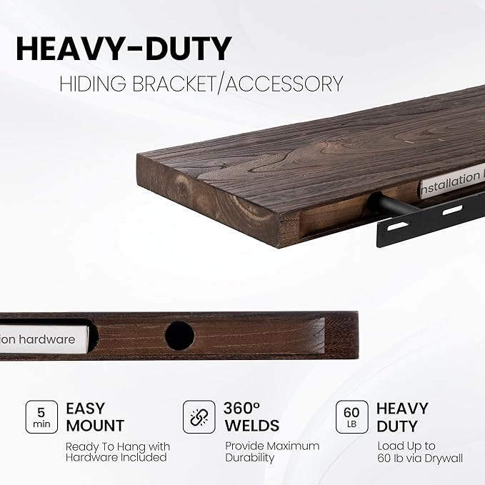 Fun Memories Floating Shelves for Wall, 60"x9.3" Rustic Solid Live-Edge Elm Wood Wall Shelves, Heavy-Duty Floating Shelves with Invisible Brackets for Living Room, Bedroom, and Kitchen, Walnut Finish