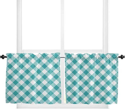 24 Inch Long Tier Curtains for Kitchen, Pastoral Style Teal Green Lattice Bathroom Window Curtains Rod Pocket Short Curtains Window Treatment Tiers for Living Room Farmhouse 2 Panels