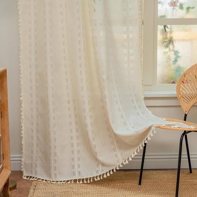 Deeprove Ivory Boho Curtain 72 inches Long for Living Room Bedroom Kitchen, Lodge Bohemian Sheer Linen 72 inches Length Stripe Embroidery Privacy Window Tassel Decor W52 x L72, 1 Panel