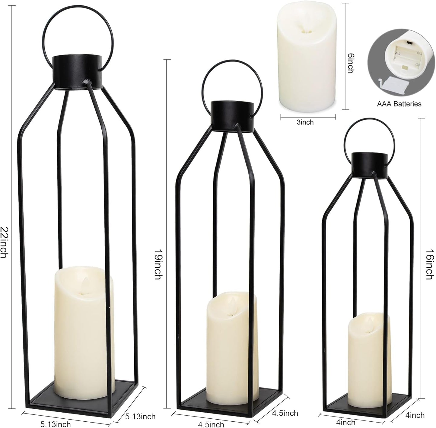 HPC Decor 22'' 19'' 16'' Lanterns Decorative w/Flickering Timer Candles- Tall Large Black Metal Candle Lanterns Set of 3- Modern Farmhouse Decor for Indoor,Outdoor,Tabletop,Porch (No Glass)