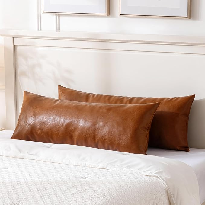 Fancy Homi Brown Boho Long Lumbar Faux Leather Body Decorative Throw Pillow Cover 14x36 Inch for Bedroom Couch Bed Bench, Thick Stylish Solid Rectangle Pillowcase, Rustic Modern Farmhouse Room Decor