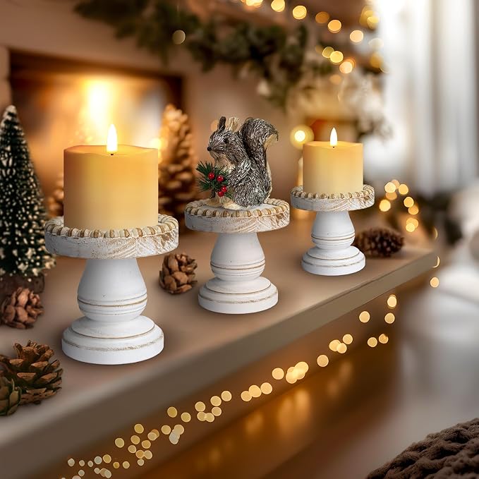 Small Candle Holder for Pillar Candle Set of 3, Farmhouse Wood Candle Holder, Rustic Wooden Candle Stand, Vintage Candle Stand Decorative for Living Room, Table Centerpiece, Retro White