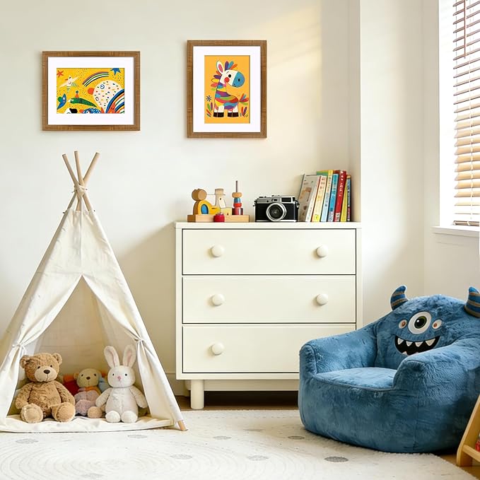 KINLINK 8.5x11 Kids Art Frame 2 Pack, Solid Wood Artwork Frames Changeable, Front Opening Hold 150 Pictures, Art Frames for Kids Artwork, 6x9 with Mat 8.5x11 without Mat, Picture Frames Teak