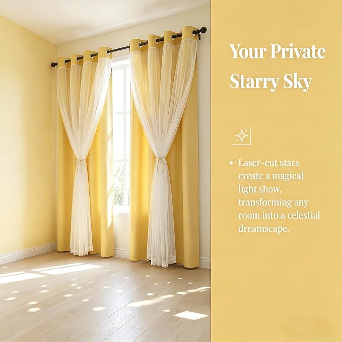 Elegant Double Layer Star Cutout Blackout Curtains, Sheer Overlay Grommet Top, Yellow, 52x84 Inches – Flowing Fit for Tall Windows & Statement Walls