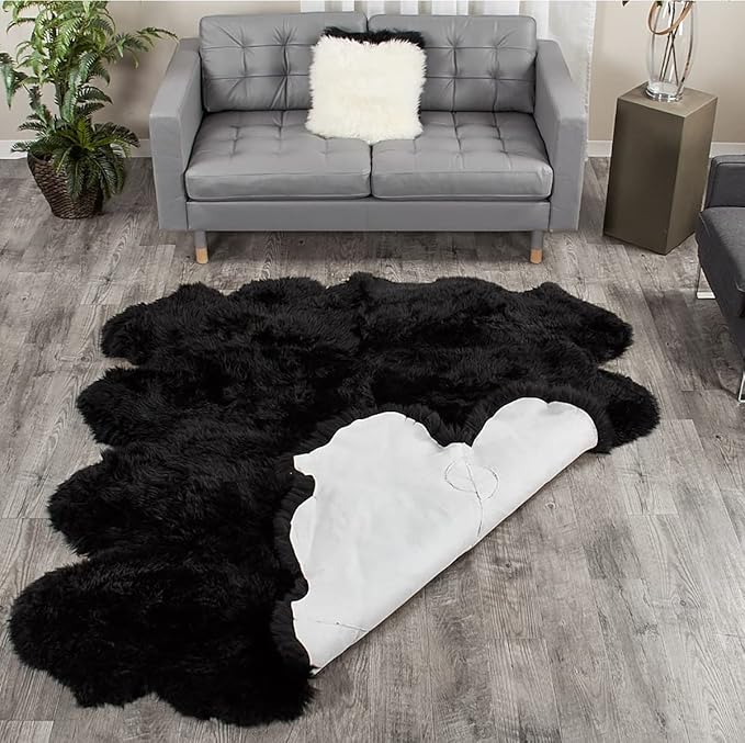 HUAHOO Premium Genuine Sheepskin Rug Real Australia Sheepskin Natural Luxury Fluffy Lambskin Fur Area Rug Seat Covers for Kids Bedroom Sofa Chair Cover Pets Dogs Mat Eight Pelt /6.2' x 7' Black