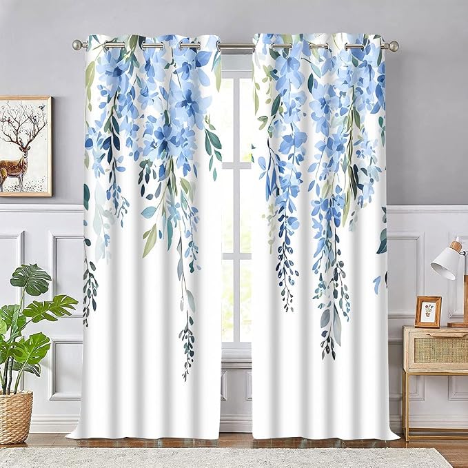 Blue Watercolor Floral Curtains, 42x84 inch, 2 Panels | Botanical Leaves Vine Flowers, Rustic Farmhouse, Blackout Window Treatment, For Bedroom Living Room