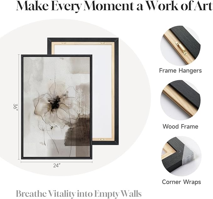 Framed Neutral Abstract Floral Wall Art for Living Room, Set of 2 Black and Brown Canvas Prints Artwork for Walls, Large Modern Minimalist Flower Earthy Pictures Bedroom Hallway Wall Decor, 24x36 Inch