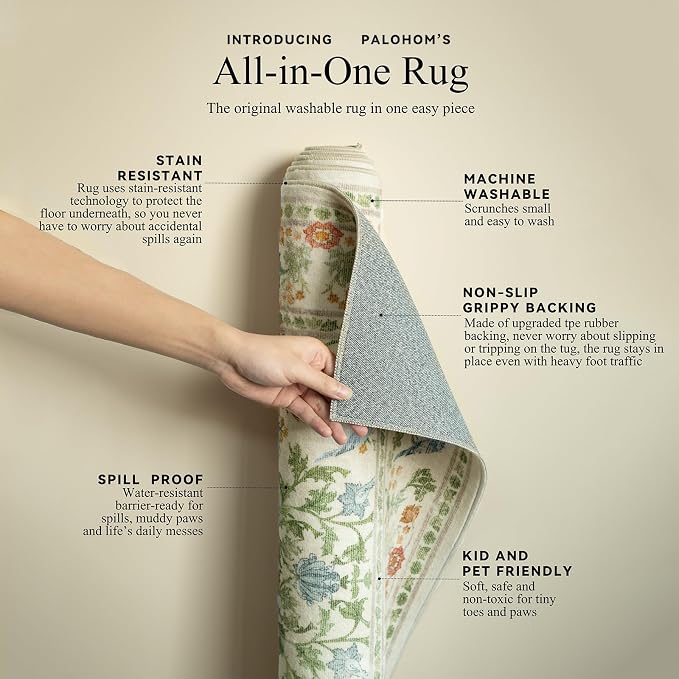 Washable Area Rugs for Living Room: 9x12 Bedroom Rug Boho Vintage Stain Resistant Non Slip Low Pile Lightweight Soft Carpets for Dining Room Kitchen Nursery Kids Room Farmhouse Living Room