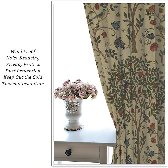 Vintage William Morris Forest Blackout Window Curtains, Rustic Boho Bird Plant Window Drapes, for Living Room Bedroom 42(W)*84(L) 2 Panels