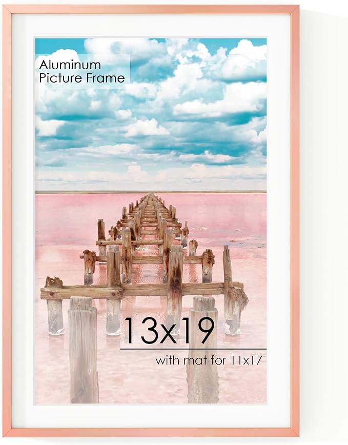 13x19 Metal Picture Frame for Wall With Mat for 11x17, 13''x19'' Aluminum Photo Frames With Tempered Glass for Home Decor, Minimalist Modern Poster Frame Horizontal And Vertical Formats, Rose Gold