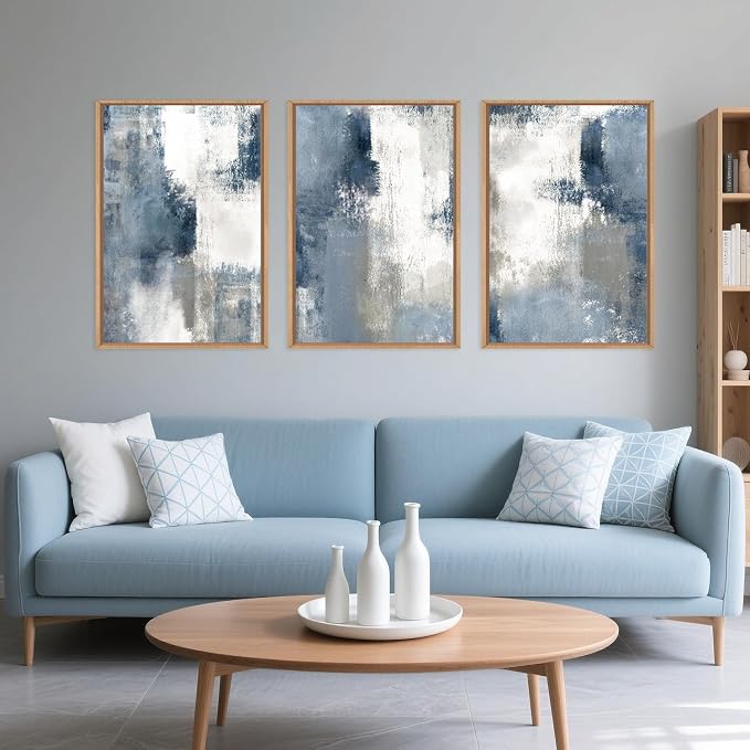 LHIUEM Large Abstract Brush Strokes Framed Canvas Wall Art Set,Navy Blue and Gray Wall Decor,Modern Color Block Shape Artwork,Minimalist Neutral Blue Printing for Living Room,Bedroom, Office-24''x36''x3
