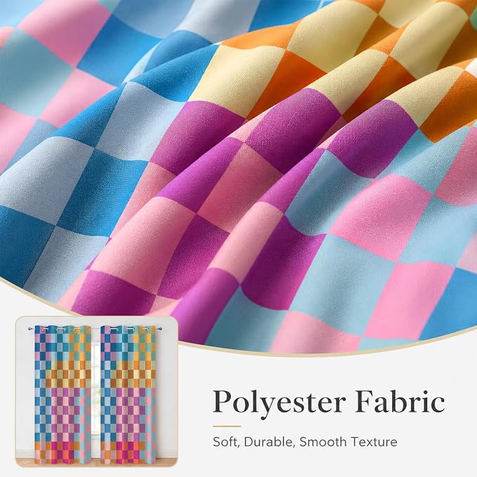 Multicolored Checkerboard Blackout Curtains, Mid Century Modern Colorful Vibrant Checkered Room Darkening Thermal Insulated Grommet Window Drapes for Living Room Bedroom Decor 2 Panels 52x84 Inches