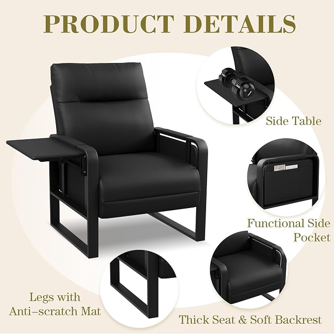 Black PU Leather Accent Chairs Set of 2 with Foldable Side Table | Modern Upholstered Armchair Leisure Side Chairs for Living Room Bedroom Comfy Reading Chair Office Club Chair with Metal Legs