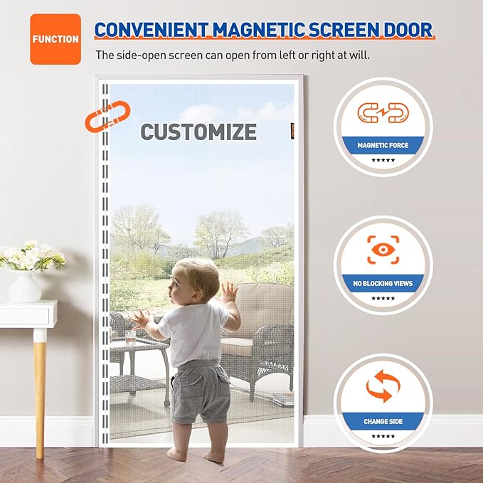 MAGZO Customized Magnetic Screen Door, Sturdy Custom Magnets Double Mesh Door Screen Curtain with Full Frame Hook & Loop for Entrance