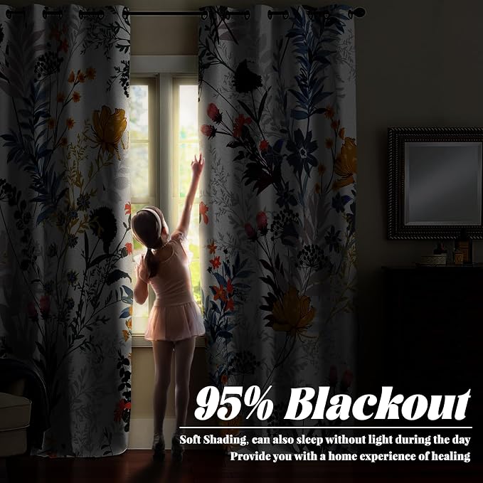 Renaiss Botanical Plants Blackout Curtains, Wild Flowers Plants Print Thermal Insulated Bedroom Window Curtains, Boho Floral Window Curtains for Kitchen, 45" L x 29" W 2 Panel Set