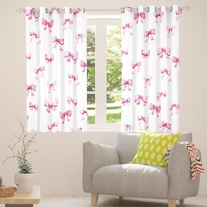 Feelyou Pink Girls Bow Room Darkening Blackout Curtain Boys Girls (2 Panels, 38 x 54 Inch) Bow Curtains for Bedroom Living Room Cute Bowknot Blackout Curtains Kawaii Window Treatments