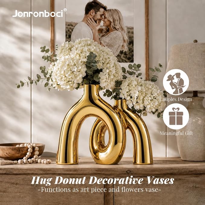 Hug Donut Decorative Vase Set - Golden Modern Classic Transitional Style Vases Home Decor, Matte Ceramic Decorations for Living Room Shelf, Bookshelf Mantle Entryway Table or Console Décor (Gold)