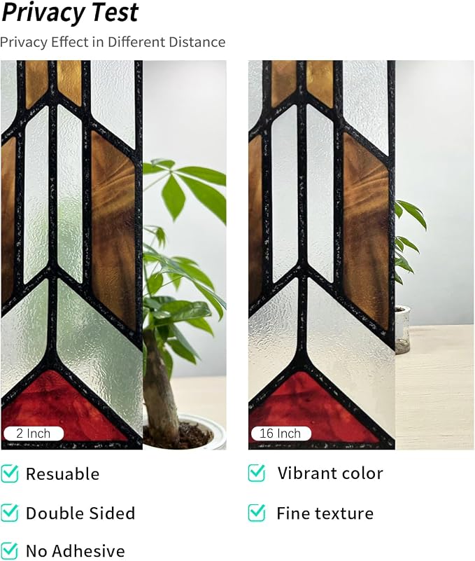 Faux Stained Glass Effect Window Privacy Film, Original Hand Drawn Static Cling for Sidelight Door Glass Decor Inspired by Frank Lloyd Wright, 11.02" x55.12" Hollyhock House, Boho