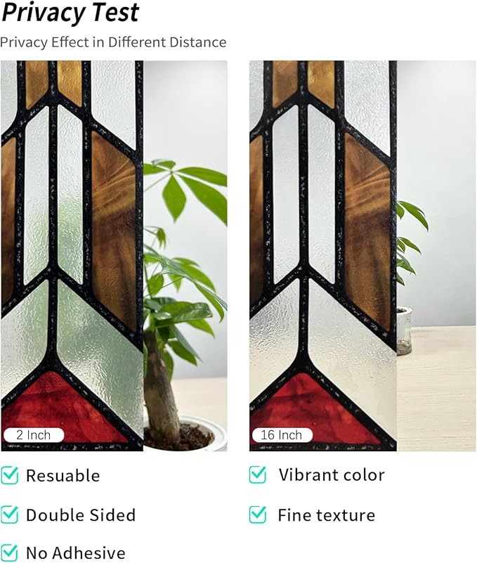 Faux Stained Glass Effect Window Privacy Film, Original Hand Drawn Static Cling Texture Sticker Inspired by Frank Lloyd Wright, 16.93" x84.65" Hollyhock House, Boho