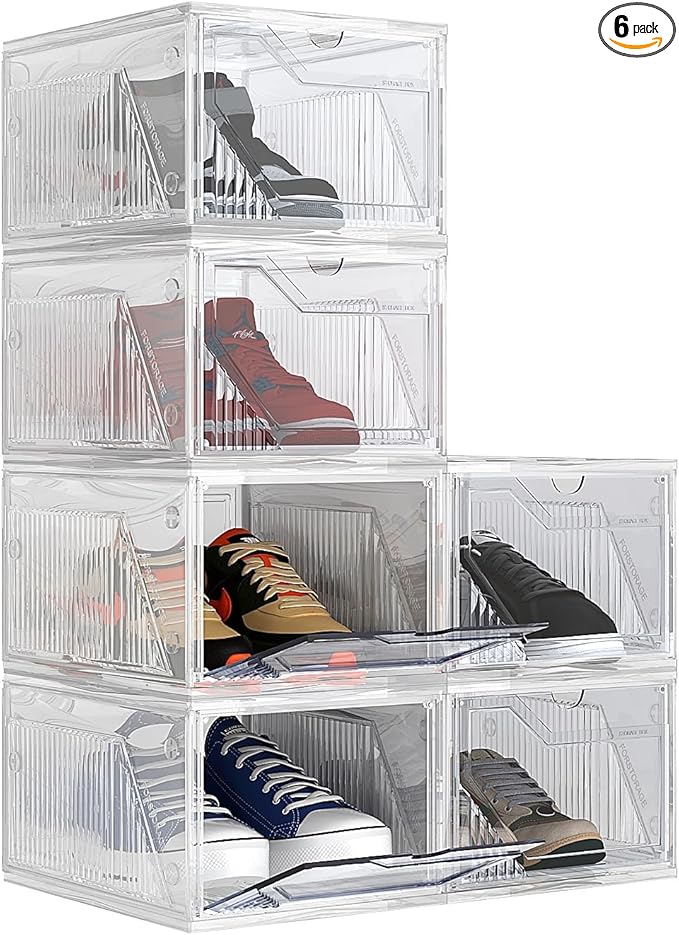 AWTATOS Shoe Storage Boxes, Thickened Shoe Storage Organizer with Clear Magnetic Door, Stackable Shoe Container with Lids, Collapsible Large Shoe Rack, Fit up to US Size 15, 6 Pack