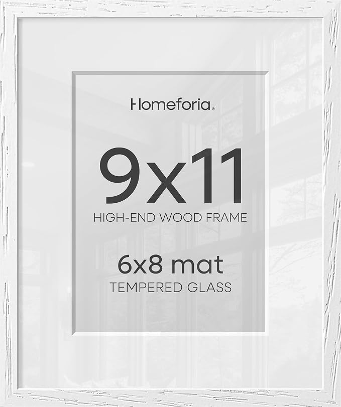 Homeforia 9x11 Frame White Wood, High End Oak 9 x 11 Picture Frames with Mat 6 by 8 Print, 9by11 White Wooden Frame Matted to 6x8 inch Photo, Wall or Tabletop Frames, Tempered Glass, Wall Kit, Set of 1