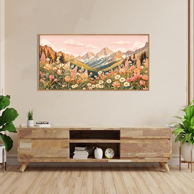 LHIUEM Large Abstract Colorful Mountain Framed Canvas Wall Art,Boho Pink Flower Wall Decor, Nature Wildflower Wall Painting,Bohemian Artwork for Living Room,Bedroom,Dining Room,Office -20"x40"x1
