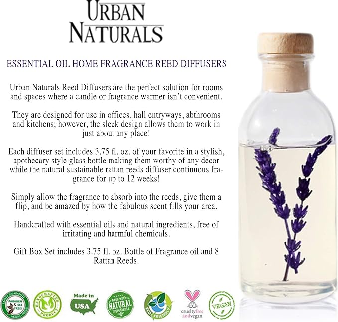 Urban Naturals Reed Diffuser Set, Lavender Fields - Bathroom Shelf Décor | Real Lavender Stems French Blossoms, Geranium & Clary Sage, for Aromatherapy & Stress Relief, Vegan