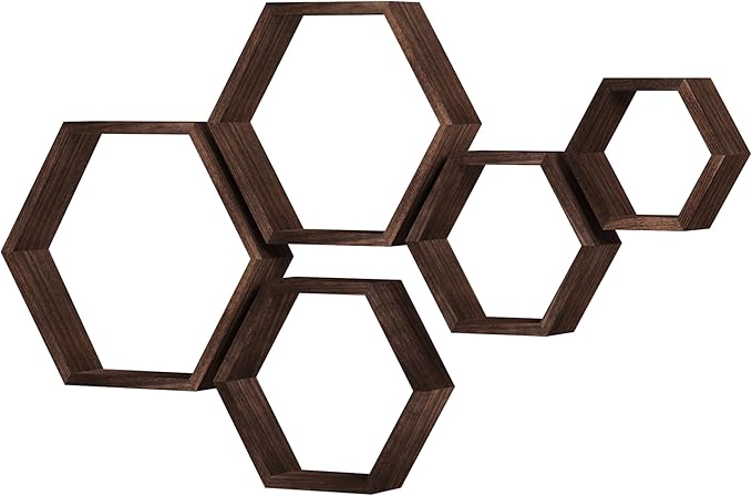 WONFUlity Hexagon Shelves for Wall Mounted, Wood Farmhouse Storage Honeycomb Floating Shelves for Wall Decor,Screws Anchors Included,5pc