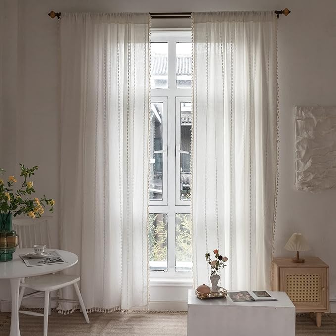 RoomTalks White Modern Farmhouse Textured Curtains for Bedroom Living Room 63’’L x 52’’W Light Filtering French Country Boho Chic Tassel Window Curtain Panels Striped Bohemian Draperies
