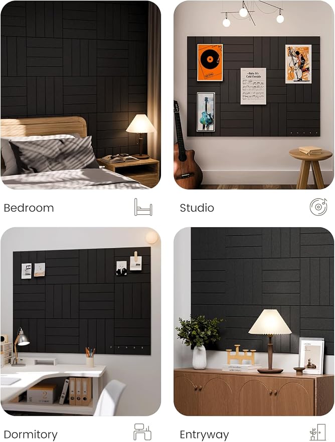Fluxynara Felt Bulletin Board Tiles Large 48" x 36" Cork Board Alternative-12 Pack with 64 Adhesive Tabs, Thick Slat Wall Panels for Office Decor, Push Pin Board Wall Organizer Alternative -Black