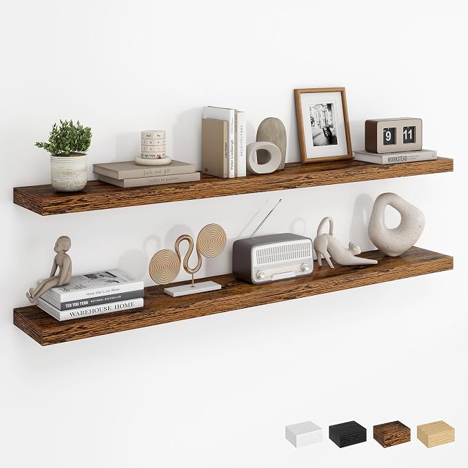 Dreamland 48Inch Floating Shelves for Wall, Rustic Wooden Storage Shelf for Living Room, Kitchen, Farmhouse, Wall Mounted Display Shelving with Invisible Heavy-Duty Metal Bracket, Set of 2 - Brown