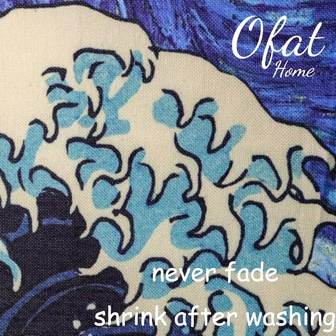 Ofat Home Great Wave & Starry Night Noren Curtain 33.5" x 59" | Japanese and Van Gogh fusion artwork, lightweight decorative fabric curtain for apartment or doorway