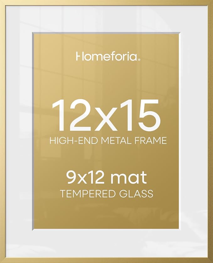 Homeforia 12x15 Picture Frame Gold, High End Metal 12x15 Poster Frames with Mat 9x12 for Photo, 12 x 15 Gold Frame Matted to 9 by 12 Print, 15x12 Thin Hanging Frame, Tempered Glass, Wall Kit, Set of 1