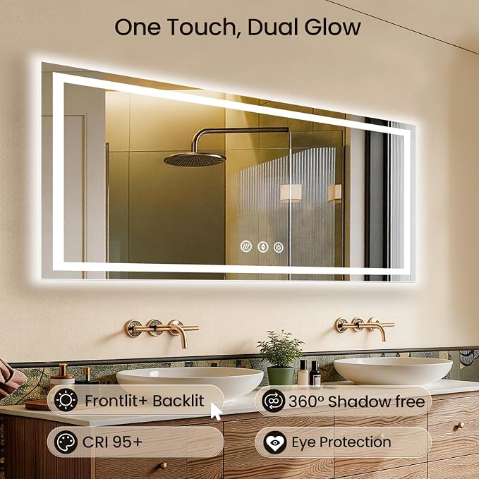 72X30 LED Bathroom Mirror with Lights, Anti-Fog, Backlit + Front Lit, Lighted Bathroom Vanity Mirror for Wall, Memory Function, Dimmable, Tempered Glass, Shatter-Proof