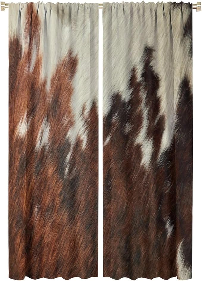 Cow Print Blackout Curtain,Animal Fur Skin Brown White Cowhide Western Rustic Farmhouse Window Treatments Rod Pocket Curtain for Bedroom Living Room Kitchen Decor Drapes 42x63in