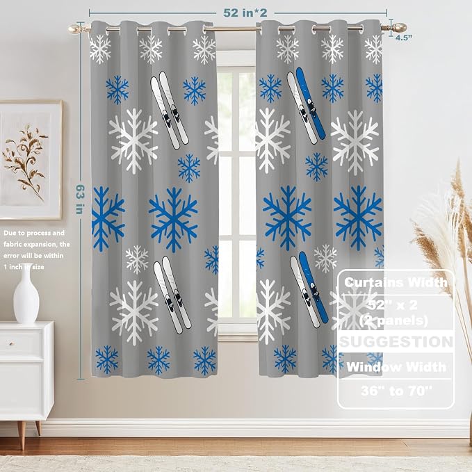 Shrahala Snowflakes Skis Blackout Window Curtains, Winter Sports Themed Pattern Thermal Insulated Curtains Grommet Long Drapes for Bedroom,Living Room (2 Panels, 52 X 63 in)