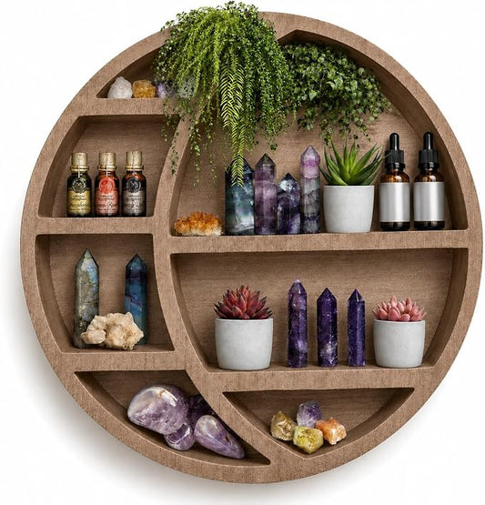 Wooden Crescent Moon Shelf — Boho Wall Decor Crystal Display Shelf for Bedroom, Dorm & Nursery | Crystal Holder for Essential Oils, Witchy & Moon Phase Decor | 14x14x3.5 | Paulownia Wood