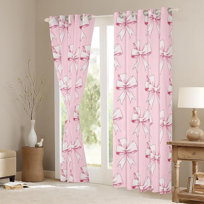 Erosebridal Pink Bowknot 52" Wx84 L Window Curtain for Girls,Kawaii Bowknot Kids Curtain Watercolor Lovely Bows Window Treatments Cute Bow Tie Princess Curtains & Drapes for Teen Women