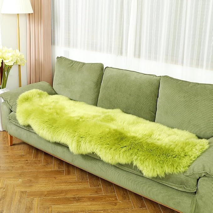 LLB Genuine Sheepskin Area Rug Wool Rug Fur Carpet Fluffy Shaggy Fur Rug for Living Room Kids Bedroom Real Sheepskin Throw Rugs Sofa Mat Chair Seat Covers (Pea Green, 2 x 6 ft Sheepskin)